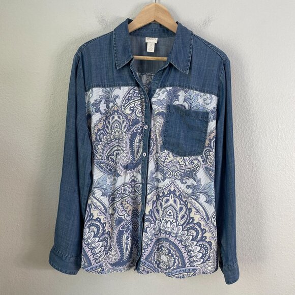 Chicos Womens XL Blue White Mixed Print Button Up Shirt Roll Tab Sleeve Blouse - Picture 7 of 11